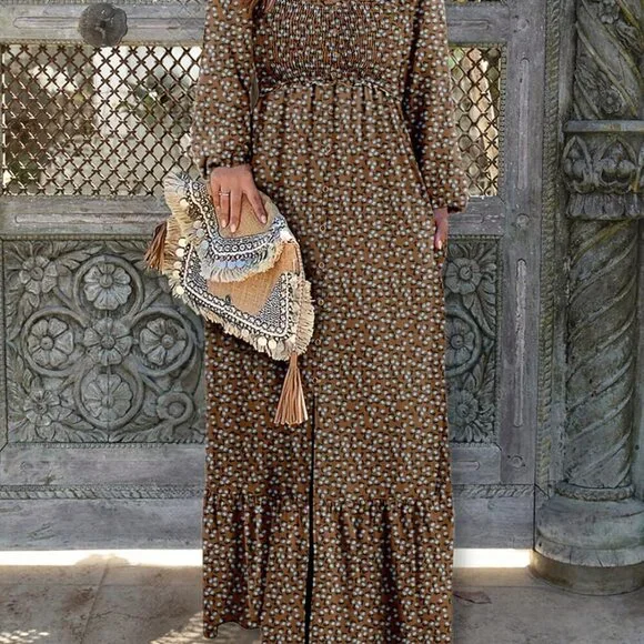 Women's Boho Floral Smocked Empire Waist Maxi Dress with Pockets - threedaughtersproperties.com Women's Boho Floral Smocked Empire Waist Maxi Dress with Pockets - threedaughtersproperties.com
